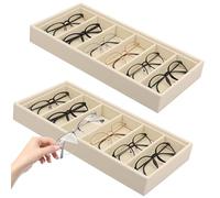 2Pcs Sunglasses Organizer Tray,6 Grids Glasses Storage Box,Stackable Jewelry Eyeglass Display Tray,Velvet Glasses Storage Organiser,Eyewear Display Case for Watch Jewelry Keys Wallet Coin(Beige)