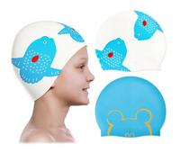 2pcs Swimming Cap for Kids,Fish & Mouse Silicone Swimming Caps,Cute Animal Swim Hat with Coating Cartoon Pattern Stretchable and Durable Swim Cap for Children Boys Girls (Blue & White)