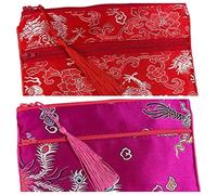 2pcs Tassel Travel Two Zipper Purse Jewelry Makeup Pouch Bags Chinese Silk Brocade Storage Bags Jewellery Cosmetic Cell Phone (fuchsia and red (2 pcs Pattern Random))