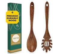 2Pcs Teak Wood Pasta Server, Wooden Spaghetti Noodle Spoon Set with Teech, Long Handle Spaghetti Fork and Spoon Set
