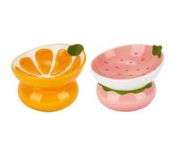2PCS Tilted Elevated Cat Food Bowl Raised Ceramic Cat Bowl Anti Vomiting Shallow Cat Feeding Bowls Wide Cat Bowls Whisker Friendly High Cat Dish Microwave and Dishwasher Safe (Strawberry + Orange)
