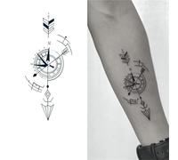 2pcs Time Arrow Compass Herbal Temporary Tattoo Stickers, Semi-Permanent, Non-Reflective, Waterproof, Lasts Two Weeks, Fake Tattoos