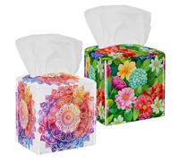 2Pcs Tissue Box Cover Holder Square, Decorative PU Leather Tissue Organizer Dispenser for Vanity Bathroom Tabletop Office Car, Colorful Watercolor Rose Hydrangea and Daisy Flowers