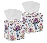 2Pcs Tissue Box Cover Holder Square, Decorative PU Leather Tissue Organizer Dispenser for Vanity Bathroom Tabletop Office Car, Bull Skull with a Peony Flower and Colorful Butterflies