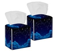 2Pcs Tissue Box Cover Holder Square, Decorative PU Leather Tissue Organizer Dispenser for Vanity Bathroom Tabletop Office Car, Constellation and Cosmic Objects on Night Sky Pattern