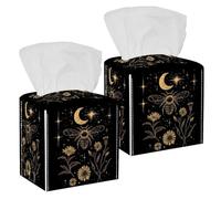 2Pcs Tissue Box Cover Holder Square, Decorative PU Leather Tissue Organizer Dispenser for Vanity Bathroom Tabletop Office Car, Bee Plants Flowers Phases of the Moon Stars Pattern
