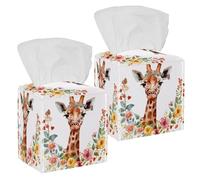 2Pcs Tissue Box Cover Holder Square, Decorative PU Leather Tissue Organizer Dispenser for Vanity Bathroom Tabletop Office Car, Watercolor Giraffe and Cute Flowers