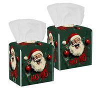 2Pcs Tissue Box Cover Holder Square, Decorative PU Leather Tissue Organizer Dispenser for Vanity Bathroom Tabletop Office Car, Cute Laughing Santa Claus