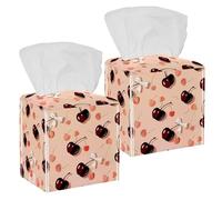 2Pcs Tissue Box Cover Holder Square, Decorative PU Leather Tissue Organizer Dispenser for Vanity Bathroom Tabletop Office Car, Red Cherry with Bow on Pastel Peach Background