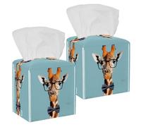 2Pcs Tissue Box Cover Holder Square, Decorative PU Leather Tissue Organizer Dispenser for Vanity Bathroom Tabletop Office Car, Giraffe Hipster Animal Neck Bowtie and Nerd Glasses