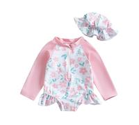 2Pcs Toddler Baby Girl Swimsuit Rompers Set Long Sleeve Floral Print Rash Guard Ruffles Zip Up Bathing Suit UV UPF50+ Sunsuit Jumpsuit Swimwear with Swim Hat (F-Pink, 18-24 Months)