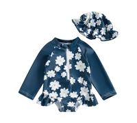 2Pcs Toddler Baby Girl Swimsuit Rompers Set Long Sleeve Floral Print Rash Guard Ruffles Zip Up Bathing Suit UV UPF50+ Sunsuit Jumpsuit Swimwear with Swim Hat (F-Blue, 2-3 Years)