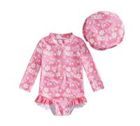 2Pcs Toddler Baby Girl Swimsuit Rompers Set Long Sleeve Floral Print Rash Guard Ruffles Zip Up Bathing Suit UV UPF50+ Sunsuit Jumpsuit Swimwear with Swim Hat (E-Dark Pink, 3-6 Months)