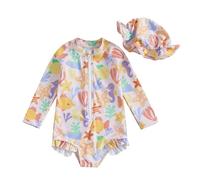 2Pcs Toddler Baby Girl Swimsuit Rompers Set Long Sleeve Floral Print Rash Guard Ruffles Zip Up Bathing Suit UV UPF50+ Sunsuit Jumpsuit Swimwear with Swim Hat (D-Orange, 2-3 Years)