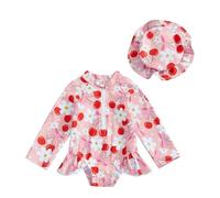 2Pcs Toddler Baby Girl Swimsuit Rompers Set Long Sleeve Floral Print Rash Guard Ruffles Zip Up Bathing Suit UV UPF50+ Sunsuit Jumpsuit Swimwear with Swim Hat (Dd-Pink, 12-18 Months)