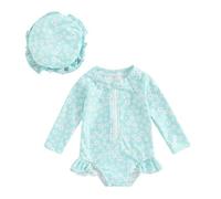 2Pcs Toddler Baby Girl Swimsuit Rompers Set Long Sleeve Floral Print Rash Guard Ruffles Zip Up Bathing Suit UV UPF50+ Sunsuit Jumpsuit Swimwear with Swim Hat (Cc-Green, 18-24 Months)