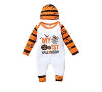 2PCs Toddler Newborn Baby Boy Halloween Clothes Set Long Sleeves Romper Jumpsuit O-Neck Batwing Bodysuit Top T-Shirt Pants Color Block Striped Cap Costume One-Piece Tracksuit (White, 6-12 Months)