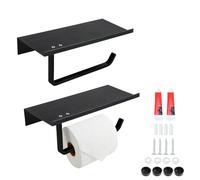 2pcs Toilet Paper Holder for Bathroom, Space Aluminium Toilet Roll Holder, Space-Saving Black Wall Mounted Paper Holder with Non-slip Storage Compartment