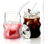 2pcs Transparent Can Shaped Glass Cups with PP Lids and Glass Straws, 530ml Cloud shaped glass coffee cup, Cute Aesthetic Cup Great for Coffee Bar Accessories, Beer, Cocktail, Tea, Soda, Smoothie