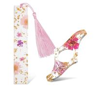 2Pcs Transparent Dried Flower Bookmark,Resin Book Mark with Tassel and Thumb Book Page Holder,Cute Bookmarks with Gold Sprinkles,Bookmarks for Women,Bookworm,Readers,Friends(Pink)