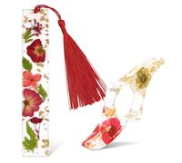 2Pcs Transparent Dried Flower Bookmark,Resin Book Mark with Tassel and Thumb Book Page Holder,Cute Bookmarks with Gold Sprinkles,Bookmarks for Women,Bookworm,Readers,Friends(Red)