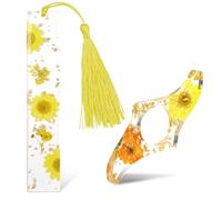 2Pcs Transparent Dried Flower Bookmark,Resin Book Mark with Tassel and Thumb Book Page Holder,Cute Bookmarks with Gold Sprinkles,Bookmarks for Women,Bookworm,Readers,Friends(Yellow)