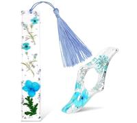 2Pcs Transparent Dried Flower Bookmark,Resin Book Mark with Tassel and Thumb Book Page Holder,Cute Bookmarks with Gold Sprinkles,Bookmarks for Women,Bookworm,Readers,Friends (Blue)