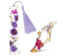 2Pcs Transparent Dried Flower Bookmark,Resin Book Mark with Tassel and Thumb Book Page Holder,Cute Bookmarks with Gold Sprinkles,Bookmarks for Women,Bookworm,Readers,Friends (Purple)