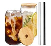 2pcs Transparent Can Glass Cups with Bamboo Lids & Stainless Steel Straw 500ml Large Thick Drinking Glasses Set Can Shaped Beer Glasses Tumbler for Cold Drink Juice Coffee Cocktail Soda with Cup Brush