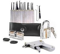 2pcs Transparent Locks with 15pcs Lock Pick Hook,1pcs LockPick Gun Open Tool, Locksmith Beginner Lock Pick Training Kit (Slivery)