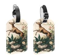 2Pcs Travel Cruise Luggage Tags, a Deer Leaping Over Rocks and Plants PU Leather Suitcase Identifiers Privacy Cover Name ID Label for Women Kids Girls Baggage
