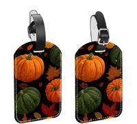2Pcs Travel Cruise Luggage Tags, Autumn Pumpkin and Leaves Seamless Background PU Leather Suitcase Identifiers Privacy Cover Name ID Label for Women Kids Girls Baggage