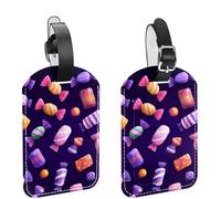 2Pcs Travel Cruise Luggage Tags, Candies Halloween Pattern on a Purple Background PU Leather Suitcase Identifiers Privacy Cover Name ID Label for Women Kids Girls Baggage