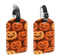 2Pcs Travel Cruise Luggage Tags, Creepy Halloween Carved Pumpkin Head PU Leather Suitcase Identifiers Privacy Cover Name ID Label for Women Kids Girls Baggage