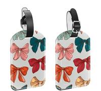 2Pcs Travel Cruise Luggage Tags, Cute Colorful Ribbon Bow Seamless Pattern PU Leather Suitcase Identifiers Privacy Cover Name ID Label for Women Kids Girls Baggage