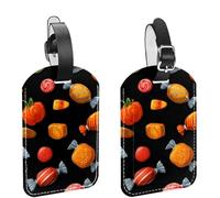 2Pcs Travel Cruise Luggage Tags, Cute Halloween Candies and Pumpkins PU Leather Suitcase Identifiers Privacy Cover Name ID Label for Women Kids Girls Baggage