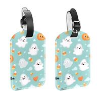 2Pcs Travel Cruise Luggage Tags, Cute Halloween Ghosts Candy Corns and Pumpkins PU Leather Suitcase Identifiers Privacy Cover Name ID Label for Women Kids Girls Baggage