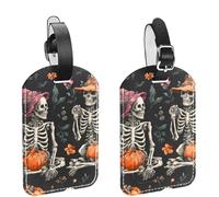 2Pcs Travel Cruise Luggage Tags, Cute Halloween Skeletons with Witch Hats Pumpkins PU Leather Suitcase Identifiers Privacy Cover Name ID Label for Women Kids Girls Baggage