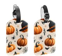 2Pcs Travel Cruise Luggage Tags, Cute Pumpkins Bats Witch Hat and Spider Web PU Leather Suitcase Identifiers Privacy Cover Name ID Label for Women Kids Girls Baggage