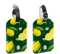 2Pcs Travel Cruise Luggage Tags, Cute Yellow Fruit Lemon with Little Flowers PU Leather Suitcase Identifiers Privacy Cover Name ID Label for Women Kids Girls Baggage
