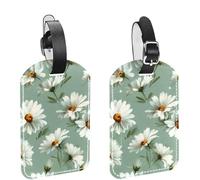 2Pcs Travel Cruise Luggage Tags, Daisies Flowers on a Light Green Background PU Leather Suitcase Identifiers Privacy Cover Name ID Label for Women Kids Girls Baggage