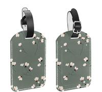 2Pcs Travel Cruise Luggage Tags, Delicate Flower Sprigs on Sage Green Pattern PU Leather Suitcase Identifiers Privacy Cover Name ID Label for Women Kids Girls Baggage