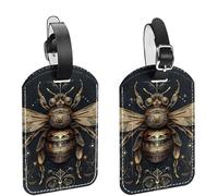 2Pcs Travel Cruise Luggage Tags, Elegant Art Golden Bee on a Dark Background PU Leather Suitcase Identifiers Privacy Cover Name ID Label for Women Kids Girls Baggage