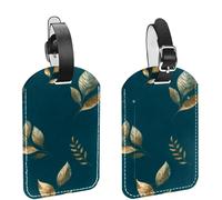 2Pcs Travel Cruise Luggage Tags, Elegant Gold Leaf on a Deep Teal Background PU Leather Suitcase Identifiers Privacy Cover Name ID Label for Women Kids Girls Baggage