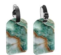 2Pcs Travel Cruise Luggage Tags, Green Aqua Tone Marble Texture PU Leather Suitcase Identifiers Privacy Cover Name ID Label for Women Kids Girls Baggage