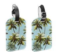 2Pcs Travel Cruise Luggage Tags, Green Coconut Palm Tree Tropical Forest Background PU Leather Suitcase Identifiers Privacy Cover Name ID Label for Women Kids Girls Baggage