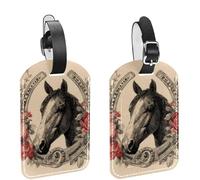 2Pcs Travel Cruise Luggage Tags, Horse's Head Surrounded by Blooming Roses and Classic Horseshoe PU Leather Suitcase Identifiers Privacy Cover Name ID Label for Women Kids Girls Baggage