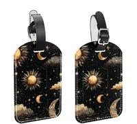 2Pcs Travel Cruise Luggage Tags, Magic Sun Moon Clouds Stars on Dark Background PU Leather Suitcase Identifiers Privacy Cover Name ID Label for Women Kids Girls Baggage