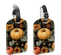2Pcs Travel Cruise Luggage Tags, Pumpkins and Sunflower Flowers in Retro Style PU Leather Suitcase Identifiers Privacy Cover Name ID Label for Women Kids Girls Baggage
