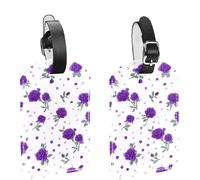 2Pcs Travel Cruise Luggage Tags, Purple Roses on a White Background PU Leather Suitcase Identifiers Privacy Cover Name ID Label for Women Kids Girls Baggage